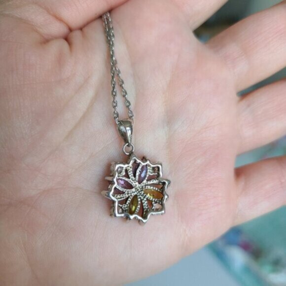 Vintage Boho Sterling Silver Multi Coloured Crystal Stone Flower Necklace - Picture 10 of 15